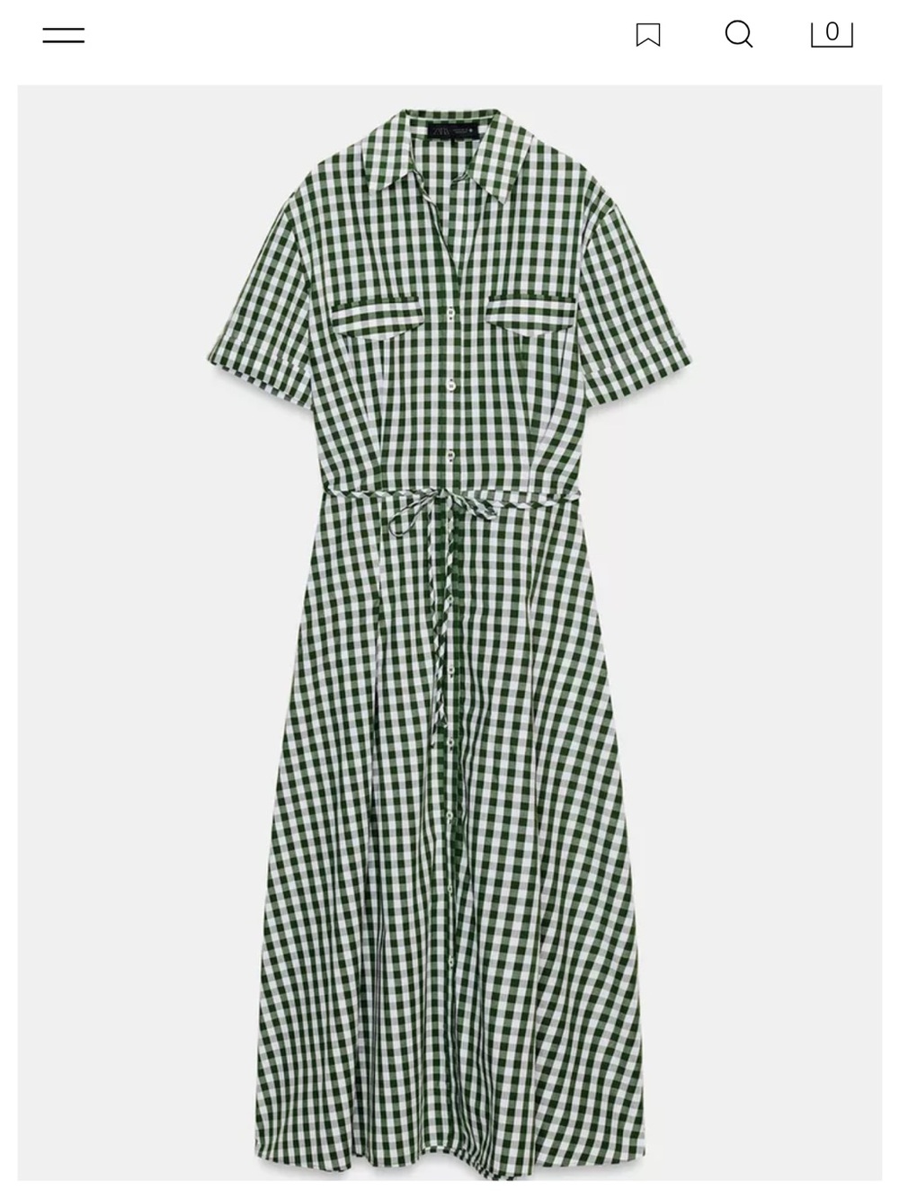 Zara Green and White Gingham Maxi Shirt Dress with Tie Waist